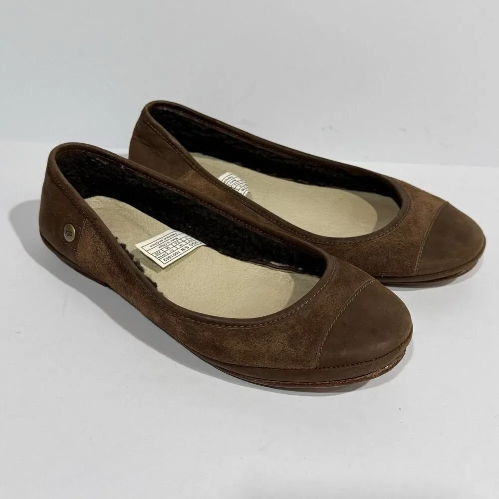 Women’s UGG Shoes Ballet Flats Brown Leather Sheepskin Size 5 - Picture 13 of 16